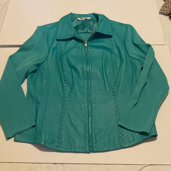 Leather and knit jacket in a gorgeous aqua colour - Picture 1 of 8